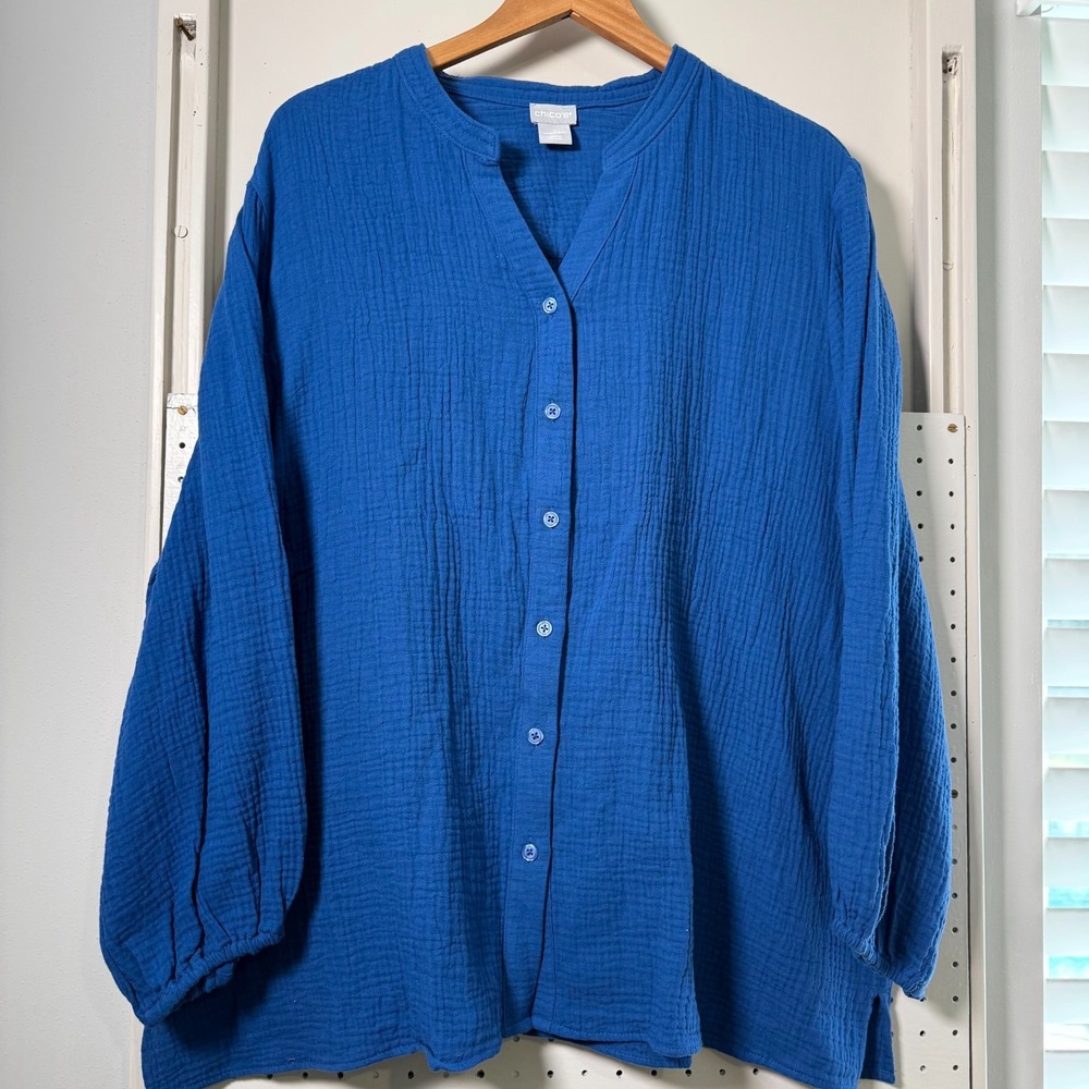 Chico's 4 Mousseline Shirt Women's Blue Button Long Sleeve Modern Blouse 2XL 20